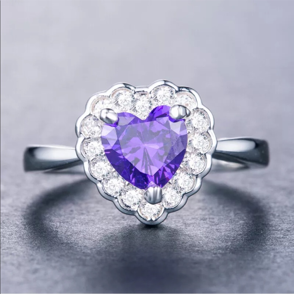 New Women’s 925 Silver Heart Amethyst Ring